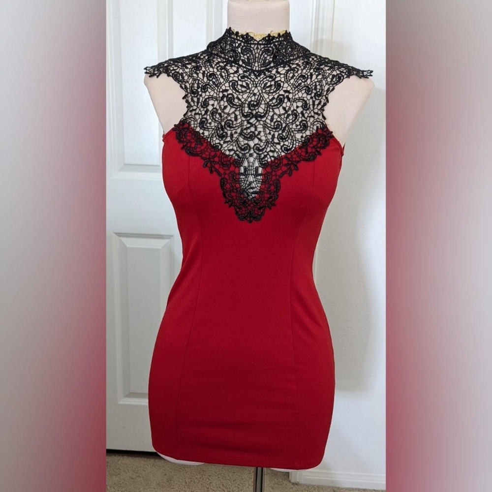 Red and black lace club dress.